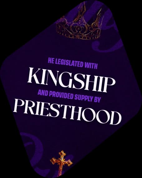 Purple poster reading "Kingship and Priesthood" with a crown and cross